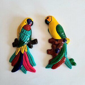Set of 2 ceramic hand painted parrots. Wall decor. Signed by artist, 2005.